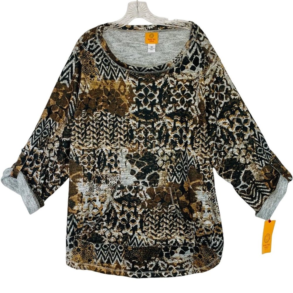 Ruby Rd Animal Patchwork Tunic Top Plus Size 3X Maried Slub Pullover Roll Sleeve